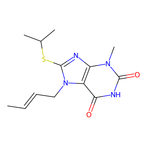 7-(2-butenyl)-8-(isopropylsulfanyl)-3-methyl-3,7-dihydro-1H-purine-2,6-dione structure
