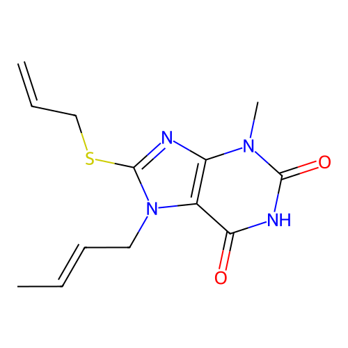 7-[(E)-but-2-enyl]-3-methyl-8-prop-2-enylsulfanylpurine-2,6-dione structure