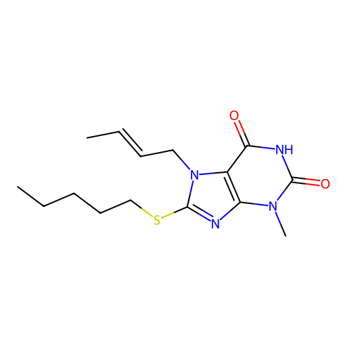 7-[(E)-but-2-enyl]-3-methyl-8-pentylsulfanylpurine-2,6-dione structure