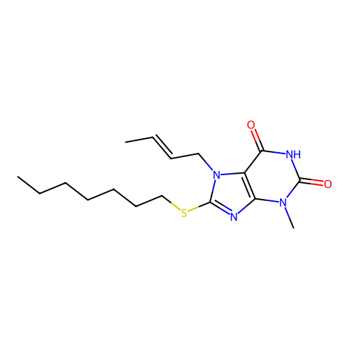 7-[(E)-but-2-enyl]-8-heptylsulfanyl-3-methylpurine-2,6-dione structure