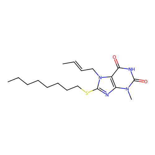 (E)-7-(but-2-en-1-yl)-3-methyl-8-(octylthio)-1H-purine-2,6(3H,7H)-dione structure