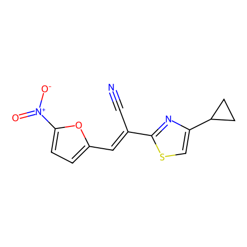 (E)-2-(4-cyclopropylthiazol-2-yl)-3-(5-nitrofuran-2-yl)acrylonitrile structure