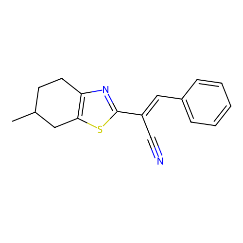 (E)-2-(6-methyl-4,5,6,7-tetrahydro-1,3-benzothiazol-2-yl)-3-phenylprop-2-enenitrile structure