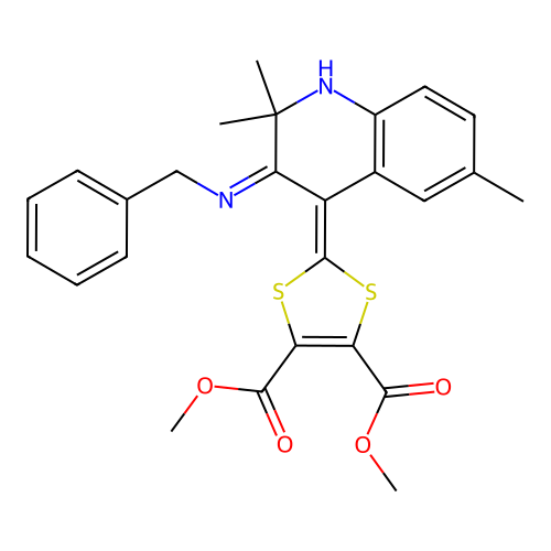 Dimethyl 2-(3-benzylimino-2,2,6-trimethyl-1H-quinolin-4-ylidene)-1,3-dithiole-4,5-dicarboxylate structure