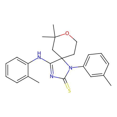 (Z)-7,7-dimethyl-1-(m-tolyl)-4-(o-tolylimino)-8-oxa-1,3-diazaspiro[4.5]decane-2-thione structure