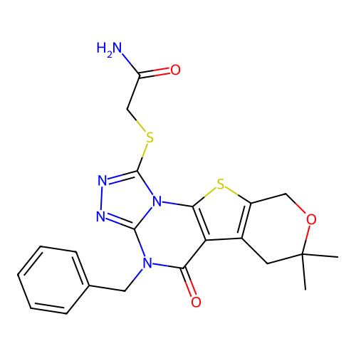 2-((4-benzyl-7,7-dimethyl-5-oxo-5,6,7,9-tetrahydro-4H-pyrano[4',3':4,5]thieno[3,2-e][1,2,4]triazolo[4,3-a]pyrimidin-1-yl)thio)acetamide structure