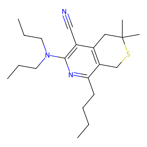8-butyl-6-(dipropylamino)-3,3-dimethyl-3,4-dihydro-1H-thiopyrano[3,4-c]pyridine-5-carbonitrile structure