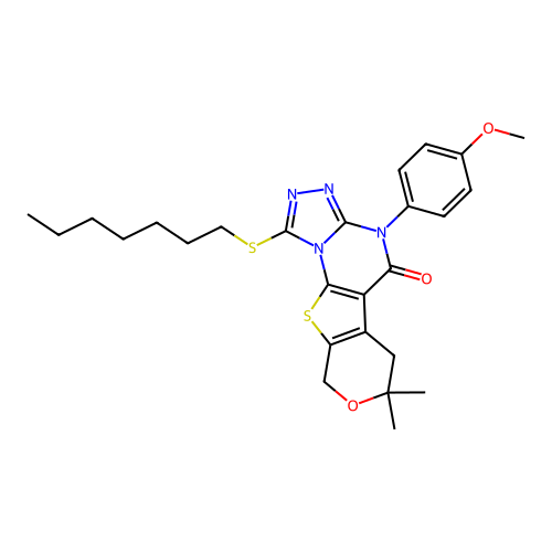 1-(heptylsulfanyl)-4-(4-methoxyphenyl)-7,7-dimethyl-6,9-dihydro-7H-pyrano[4',3':4,5]thieno[3,2-e][1,2,4]triazolo[4,3-a]pyrimidin-5(4H)-one structure