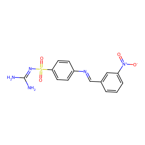 N-carbamimidoyl-4-{[(E)-(3-nitrophenyl)methylidene]amino}benzenesulfonamide structure