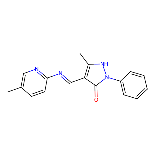 3-methyl-4-{(E)-[(5-methylpyridin-2-yl)imino]methyl}-1-phenyl-1H-pyrazol-5-ol structure