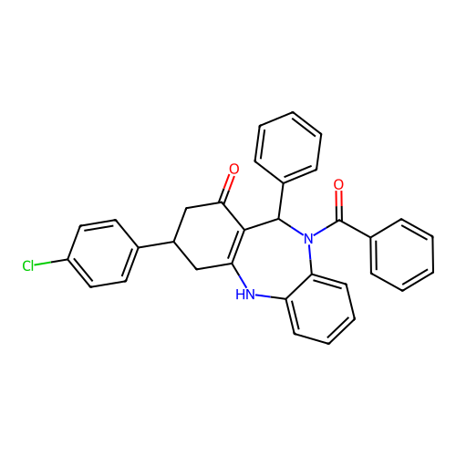 3-(4-chlorophenyl)-11-phenyl-10-(phenylcarbonyl)-2,3,4,5,10,11-hexahydro-1H-dibenzo[b,e][1,4]diazepin-1-one structure