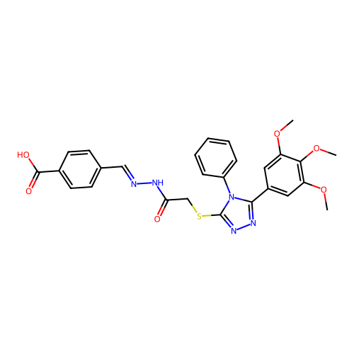 4-{(E)-[2-({[4-phenyl-5-(3,4,5-trimethoxyphenyl)-4H-1,2,4-triazol-3-yl]sulfanyl}acetyl)hydrazinylidene]methyl}benzoic acid structure