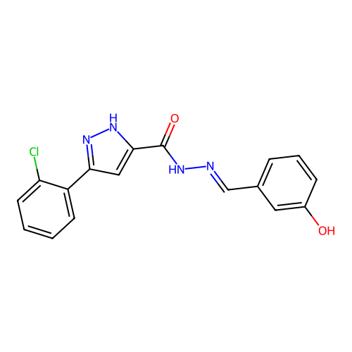 (E)-3-(2-chlorophenyl)-N'-(3-hydroxybenzylidene)-1H-pyrazole-5-carbohydrazide structure