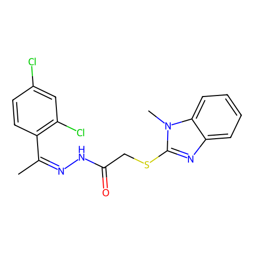 (Z)-N'-(1-(2,4-dichlorophenyl)ethylidene)-2-((1-methyl-1H-benzo[d]imidazol-2-yl)thio)acetohydrazide structure