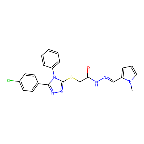 2-[[5-(4-chlorophenyl)-4-phenyl-1,2,4-triazol-3-yl]sulfanyl]-N-[(E)-(1-methylpyrrol-2-yl)methylideneamino]acetamide structure