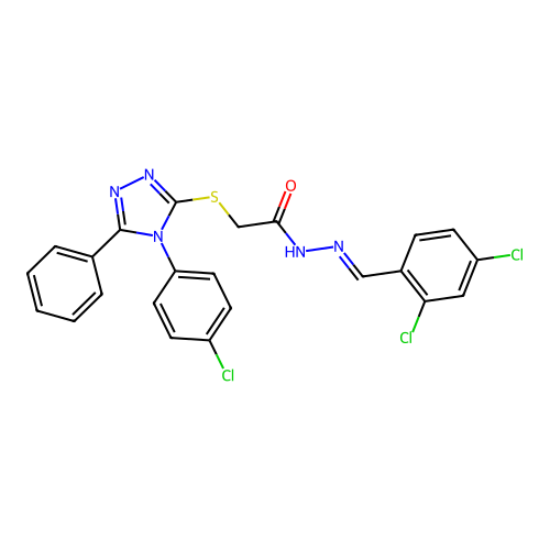 2-{[4-(4-chlorophenyl)-5-phenyl-4H-1,2,4-triazol-3-yl]sulfanyl}-N'-[(E)-(2,4-dichlorophenyl)methylidene]acetohydrazide structure