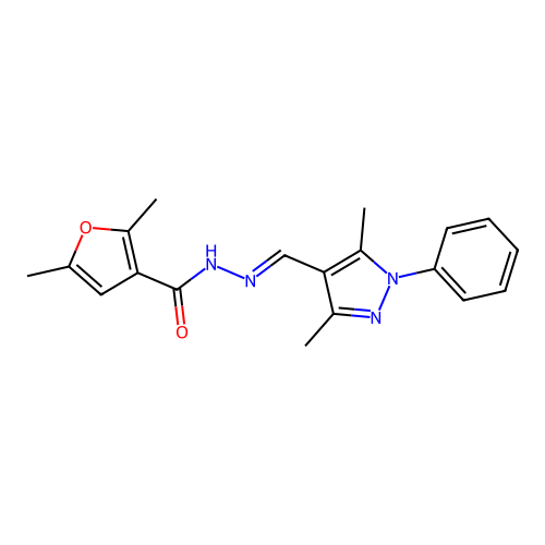 (E)-N'-((3,5-dimethyl-1-phenyl-1H-pyrazol-4-yl)methylene)-2,5-dimethylfuran-3-carbohydrazide structure