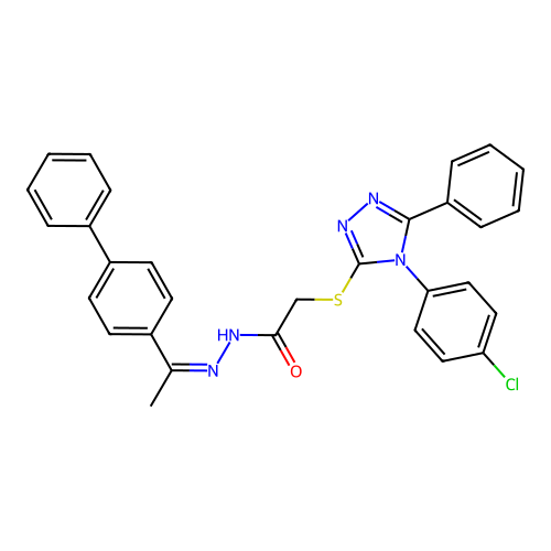 (Z)-N'-(1-([1,1'-biphenyl]-4-yl)ethylidene)-2-((4-(4-chlorophenyl)-5-phenyl-4H-1,2,4-triazol-3-yl)thio)acetohydrazide structure