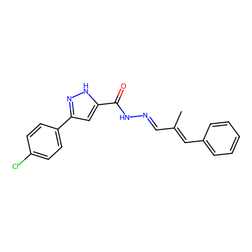 (E)-3-(4-chlorophenyl)-N'-((E)-2-methyl-3-phenylallylidene)-1H-pyrazole-5-carbohydrazide structure
