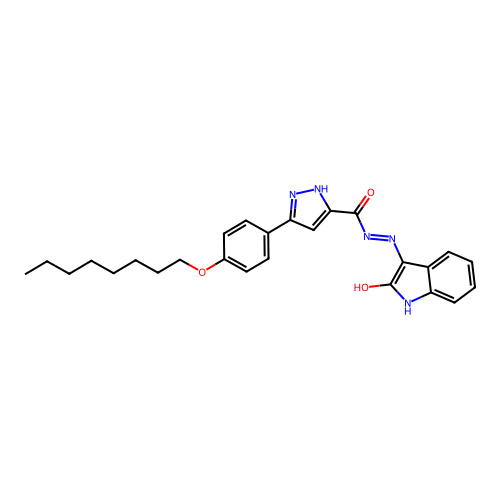 3-[4-(octyloxy)phenyl]-N'-[(3Z)-2-oxo-1,2-dihydro-3H-indol-3-ylidene]-1H-pyrazole-5-carbohydrazide structure