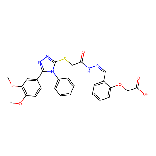 (Z)-2-(2-((2-(2-((5-(3,4-dimethoxyphenyl)-4-phenyl-4H-1,2,4-triazol-3-yl)thio)acetyl)hydrazono)methyl)phenoxy)acetic acid structure