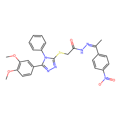 (Z)-2-((5-(3,4-dimethoxyphenyl)-4-phenyl-4H-1,2,4-triazol-3-yl)thio)-N'-(1-(4-nitrophenyl)ethylidene)acetohydrazide structure