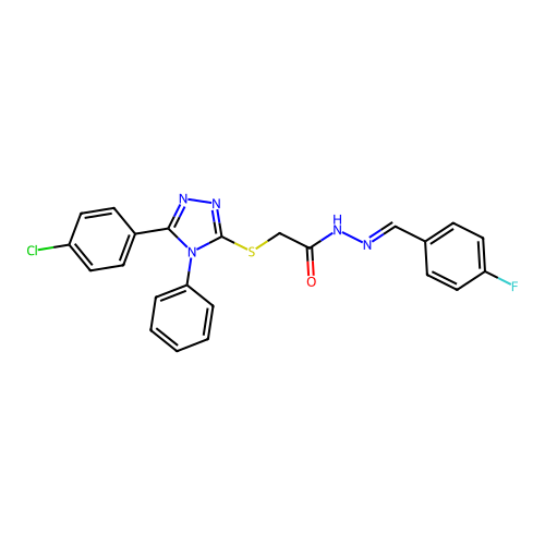 2-[[5-(4-chlorophenyl)-4-phenyl-1,2,4-triazol-3-yl]sulfanyl]-N-[(E)-(4-fluorophenyl)methylideneamino]acetamide structure