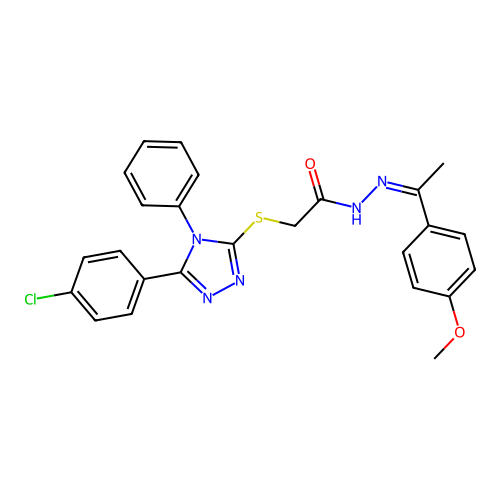 (Z)-2-((5-(4-chlorophenyl)-4-phenyl-4H-1,2,4-triazol-3-yl)thio)-N'-(1-(4-methoxyphenyl)ethylidene)acetohydrazide structure