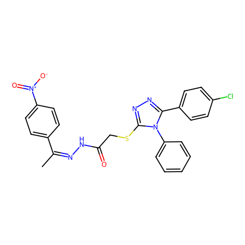(Z)-2-((5-(4-chlorophenyl)-4-phenyl-4H-1,2,4-triazol-3-yl)thio)-N'-(1-(4-nitrophenyl)ethylidene)acetohydrazide structure