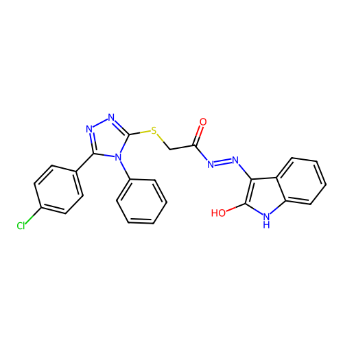 (Z)-2-((5-(4-chlorophenyl)-4-phenyl-4H-1,2,4-triazol-3-yl)thio)-N'-(2-oxoindolin-3-ylidene)acetohydrazide structure