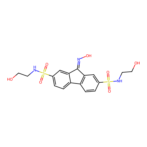 N,N'-bis(2-hydroxyethyl)-9-(hydroxyimino)-9H-fluorene-2,7-disulfonamide structure