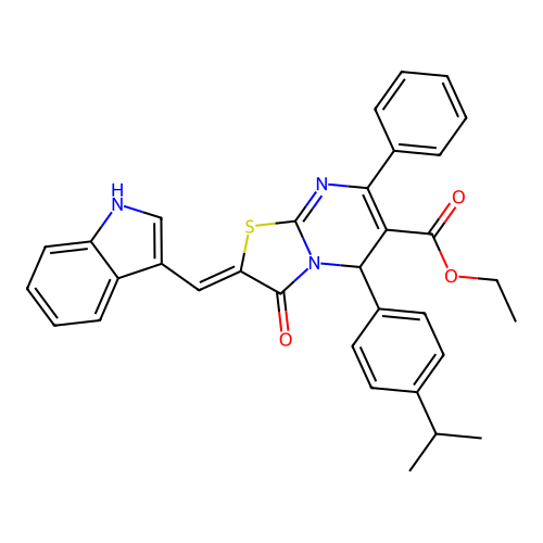 (Z)-ethyl 2-((1H-indol-3-yl)methylene)-5-(4-isopropylphenyl)-3-oxo-7-phenyl-3,5-dihydro-2H-thiazolo[3,2-a]pyrimidine-6-carboxylate structure