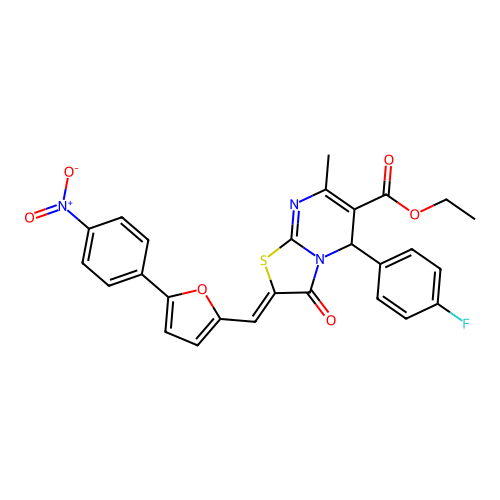 ethyl (2Z)-5-(4-fluorophenyl)-7-methyl-2-{[5-(4-nitrophenyl)furan-2-yl]methylidene}-3-oxo-2,3-dihydro-5H-[1,3]thiazolo[3,2-a]pyrimidine-6-carboxylate structure