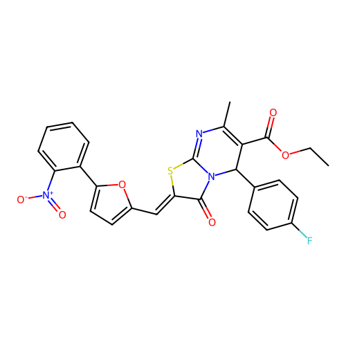 (Z)-ethyl 5-(4-fluorophenyl)-7-methyl-2-((5-(2-nitrophenyl)furan-2-yl)methylene)-3-oxo-3,5-dihydro-2H-thiazolo[3,2-a]pyrimidine-6-carboxylate structure
