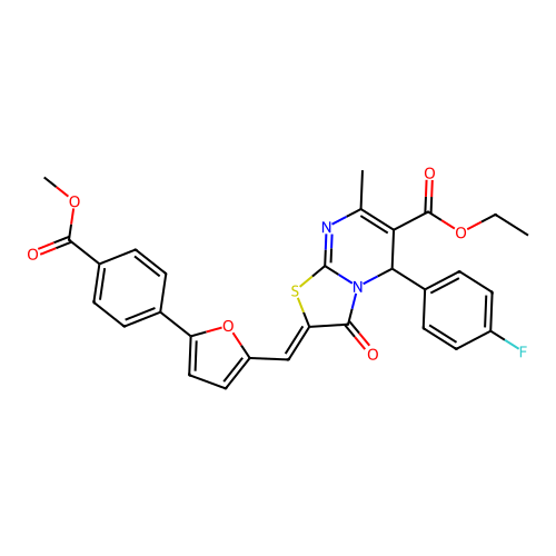 ethyl (2Z)-5-(4-fluorophenyl)-2-({5-[4-(methoxycarbonyl)phenyl]furan-2-yl}methylidene)-7-methyl-3-oxo-2,3-dihydro-5H-[1,3]thiazolo[3,2-a]pyrimidine-6-carboxylate structure