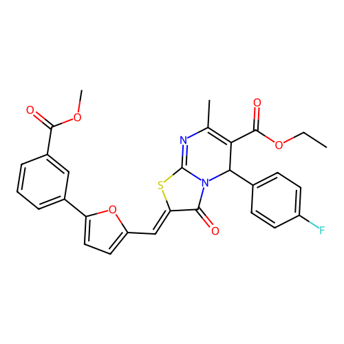 (Z)-ethyl 5-(4-fluorophenyl)-2-((5-(3-(methoxycarbonyl)phenyl)furan-2-yl)methylene)-7-methyl-3-oxo-3,5-dihydro-2H-thiazolo[3,2-a]pyrimidine-6-carboxylate structure