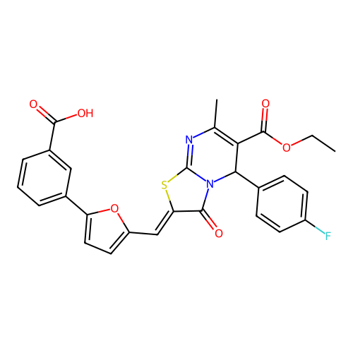 (Z)-3-(5-((6-(ethoxycarbonyl)-5-(4-fluorophenyl)-7-methyl-3-oxo-3,5-dihydro-2H-thiazolo[3,2-a]pyrimidin-2-ylidene)methyl)furan-2-yl)benzoic acid structure