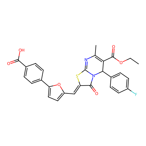 4-(5-{(Z)-[6-(ethoxycarbonyl)-5-(4-fluorophenyl)-7-methyl-3-oxo-5H-[1,3]thiazolo[3,2-a]pyrimidin-2(3H)-ylidene]methyl}furan-2-yl)benzoic acid structure