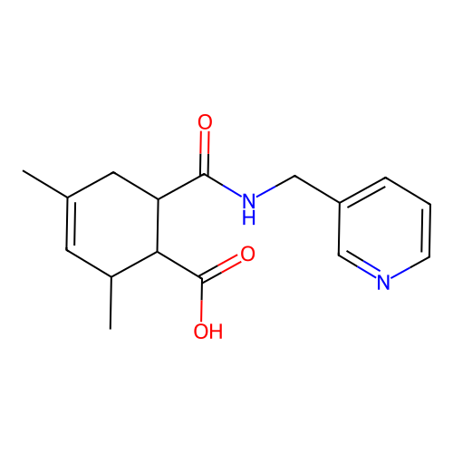 2,4-Dimethyl-6-[(pyridin-3-ylmethyl)carbamoyl]cyclohex-3-ene-1-carboxylic acid structure