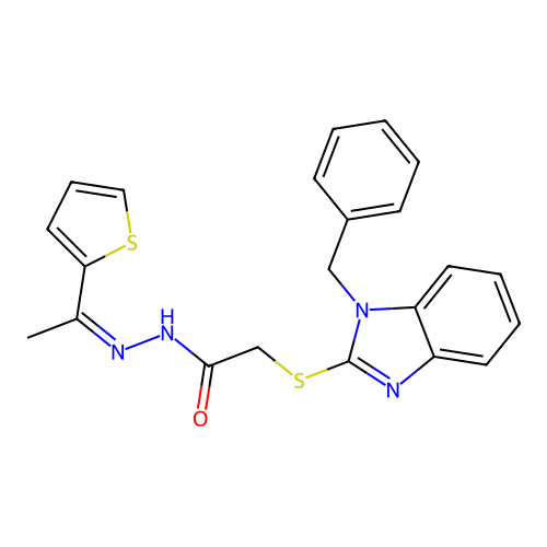 2-(1-benzylbenzimidazol-2-yl)sulfanyl-N-[(Z)-1-thiophen-2-ylethylideneamino]acetamide structure