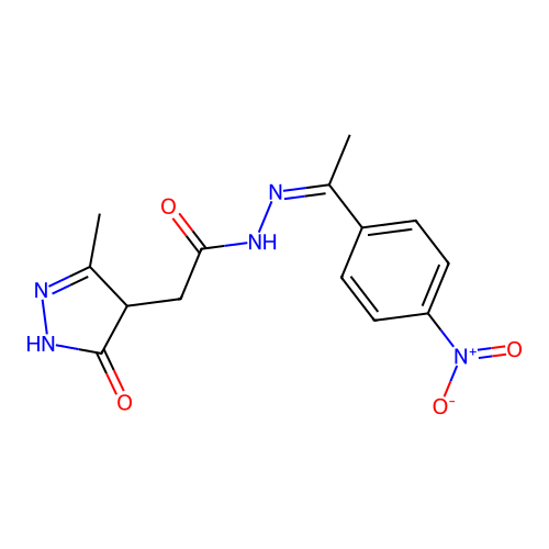 (Z)-2-(3-methyl-5-oxo-4,5-dihydro-1H-pyrazol-4-yl)-N'-(1-(4-nitrophenyl)ethylidene)acetohydrazide structure