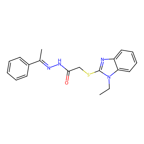 2-[(1-ethyl-1H-benzimidazol-2-yl)sulfanyl]-N'-[(1E)-1-phenylethylidene]acetohydrazide structure