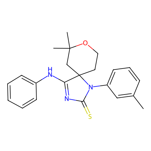 (Z)-7,7-dimethyl-4-(phenylimino)-1-(m-tolyl)-8-oxa-1,3-diazaspiro[4.5]decane-2-thione structure