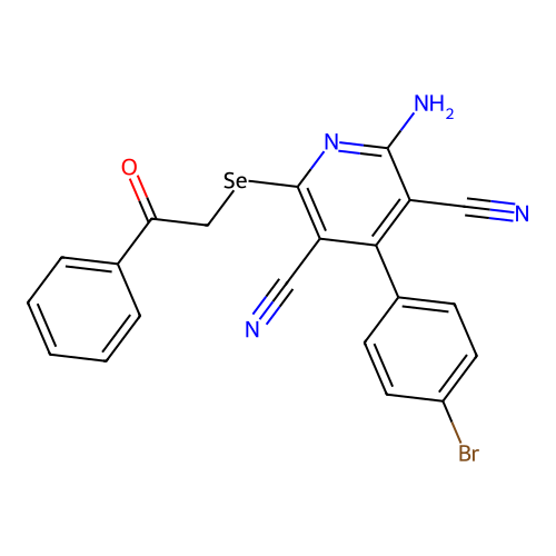 2-amino-4-(4-bromophenyl)-6-phenacylselanyl-pyridine-3,5-dicarbonitrile structure