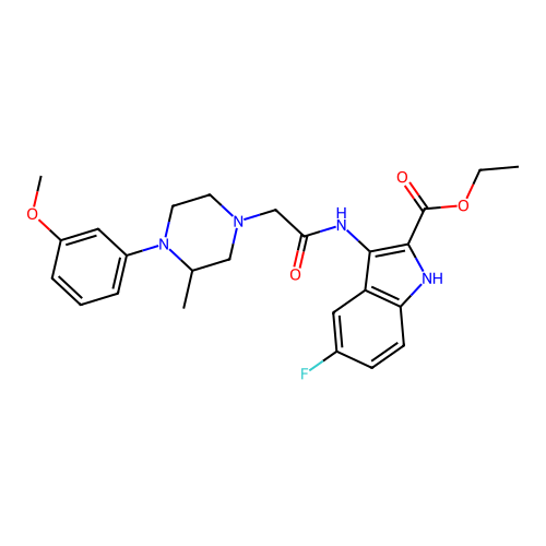 (S)-ethyl 5-fluoro-3-(2-(4-(3-methoxyphenyl)-3-methylpiperazin-1-yl)acetamido)-1H-indole-2-carboxylate structure