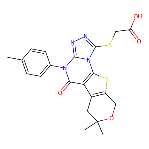 2-((7,7-dimethyl-5-oxo-4-(p-tolyl)-5,6,7,9-tetrahydro-4H-pyrano[4',3':4,5]thieno[3,2-e][1,2,4]triazolo[4,3-a]pyrimidin-1-yl)thio)acetic acid structure