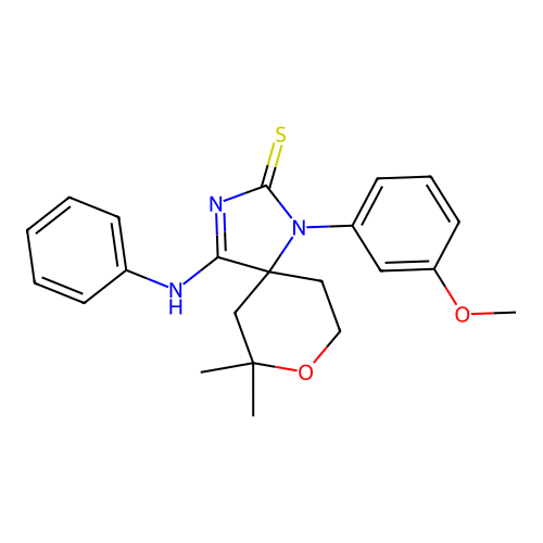 1-anilino-4-(3-methoxyphenyl)-9,9-dimethyl-8-oxa-2,4-diazaspiro[4.5]dec-1-ene-3-thione structure