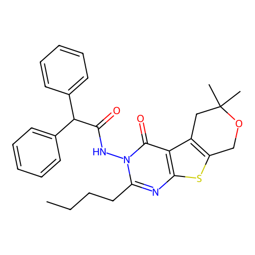 N-(2-butyl-6,6-dimethyl-4-oxo-4,5,6,8-tetrahydro-3H-pyrano[4',3':4,5]thieno[2,3-d]pyrimidin-3-yl)-2,2-diphenylacetamide structure