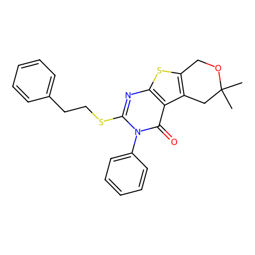 6,6-dimethyl-2-(phenethylthio)-3-phenyl-5,6-dihydro-3H-pyrano[4',3':4,5]thieno[2,3-d]pyrimidin-4(8H)-one structure
