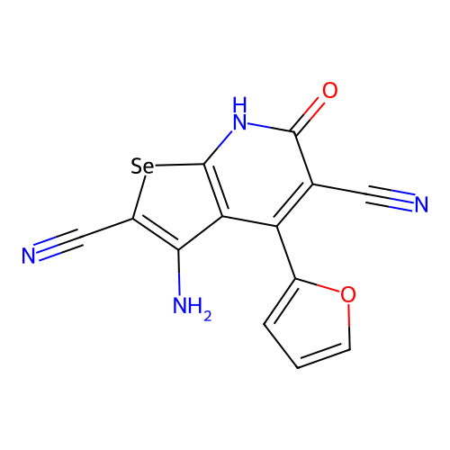 3-amino-4-(furan-2-yl)-6-oxo-6,7-dihydroselenopheno[2,3-b]pyridine-2,5-dicarbonitrile structure